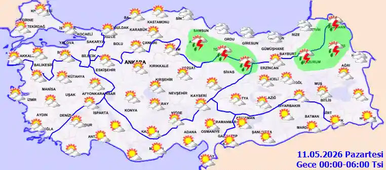 Pazartesi Günü Gece hava durumu