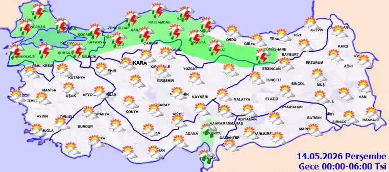 Perşembe Günü Gece hava durumu