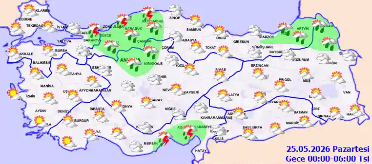 Pazartesi Günü Gece hava durumu