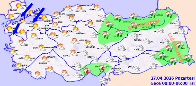 Pazartesi Günü Gece hava durumu