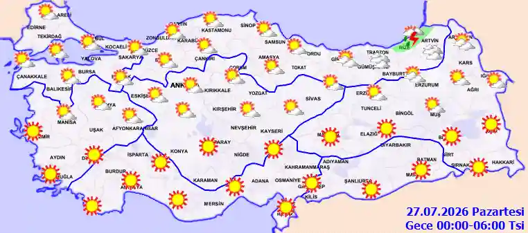Pazartesi Günü Gece hava durumu