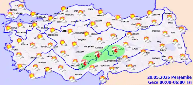 Perşembe Günü Gece hava durumu